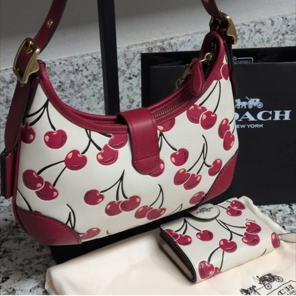 Coach Cherry Hamptons Hobo Leather Shoulder Bag And Wallet Matching Set - Picture 4 of 14